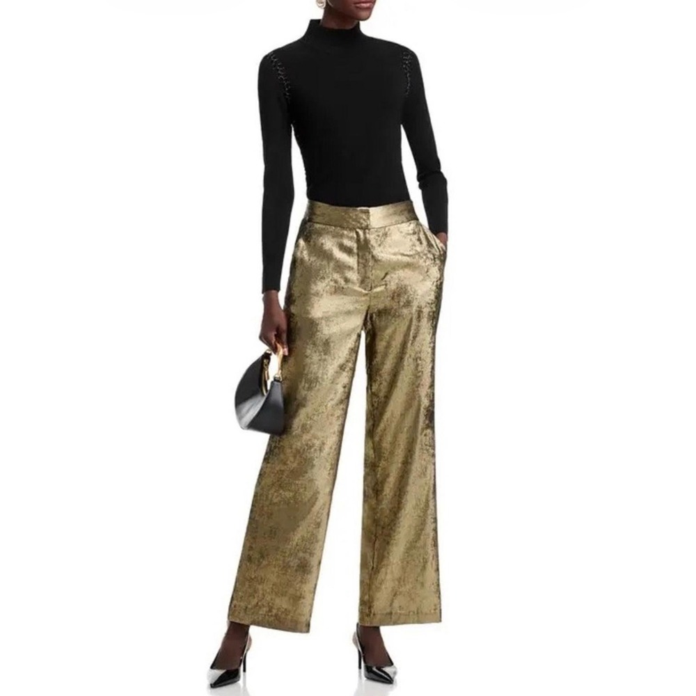 Elie Tahari Gold Metallic‎ Wide Leg Trousers High Rise Evening Pants Size 4 NEW